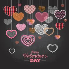 valentine's day card with hearts hanging from strings on a chalkboard stock photo