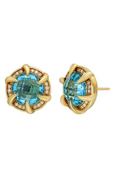 Fancy prong-set stud earrings handcrafted from 18-karat gold offer luxurious sparkle with rose-cut semiprecious stones hugged by dainty diamond halos. Post back Total amethyst weight: 8.0ct. Total blue topaz weight: 7.8ct. Total diamond weight: 0.25ct. Color: G Clarity: VS 18k gold/amethyst or blue topaz/diamond Imported Diamond Guide Luxury Yellow Gold Diamond Earrings With Gemstones, Luxury Yellow Gold Cluster Earrings With Gemstones, Prong Set Briolette Earrings For Anniversary, Diamond Briolette Earrings For Anniversary, Luxury 14k Gold Earrings With Rose Cut Diamonds, Yellow Gold Earrings With Rose Cut Diamonds, Yellow Gold Gemstone Cluster Earrings, Gold Diamond Cluster Earrings With Gemstones, Elegant Yellow Gold Gemstone Cluster Earrings