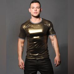 Fabric Content: 95% Polyester 5% Spandex Metallic Fitted Crew Neck Top, Metallic Fitted Short Sleeve Tops, Casual Fitted Gold T-shirt, Metallic Stretch Casual Tops, Gold Stretch Casual Tops, Army Tshirt, Christian Love, Andrew Christian, Christian Men