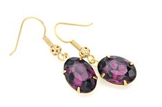 Oval Amethyst Earrings, Small Gold Earrings Dangle, Purple Crystal Earrings, Plum Vintage Czech Glass Rhinestone Earrings with Gold Balls Small Gold Earrings, Purple Drop Earrings, Vintage Pendant Necklace, Victorian Pendants, Special Occasion Jewelry, Wedding Earrings Drop