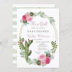 a baby shower card with pink flowers and cactus on the front, in green stripes