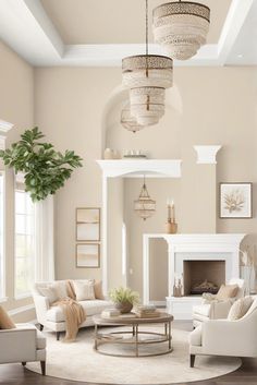 a living room filled with furniture and a fire place under a chandelier above a fireplace