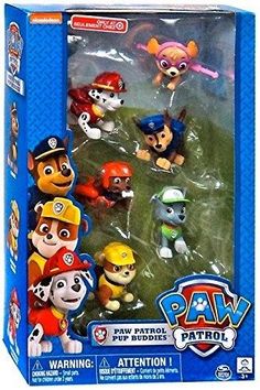 the paw patrol action figure set is in its box and has five different characters on it