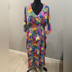 Nwt, Entro Brand, Size Med, Elastic Waist With Drawstring & Tassels, Maxi Dress Multicolor V-neck Beach Dress For Day Out, Colorful V-neck Vacation Dress, Colorful V-neck Beach Dress, Multicolor V-neck Beach Dress With Floral Print, Multicolor Tropical Print Maxi Dress For Day Out, Multicolor Tropical Print V-neck Dress, Flowy V-neck Dress With Colorful Pattern, Pink Flowy Dress With Tie Waist, Flowy Pink Dress With Tie Waist