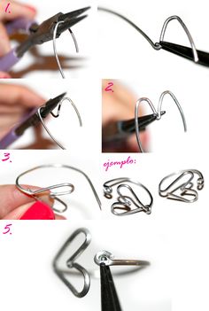 four pictures showing how to use scissors for wire work on earring hooks and clips