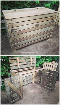 two pictures of wooden furniture made out of pallets and some plants in the background