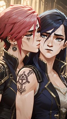 two women with red hair and piercings, one is kissing the other's forehead