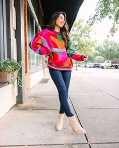 the most unique sweater! we can't get enough color for fall! 😍 A Different World Pink Abstract Sweater Abstract Sweater, Oversized Sweater Outfit, Unique Sweater, Unique Sweaters, Different World, A Different World, Pink Abstract