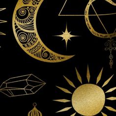 the sun, moon and stars are drawn in gold on a black background with ornaments