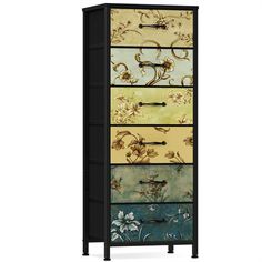 a tall cabinet with flowers painted on the front and bottom drawers in black, blue, yellow and green