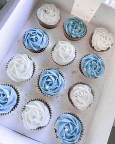 blue and white cupcakes with frosting in a box