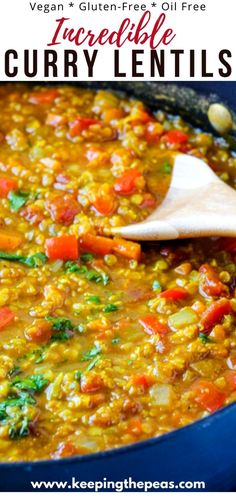 a pot full of curry lentils with a wooden spoon in it and the text vegan gluten - free oil free