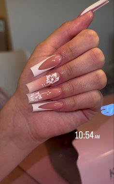 white hibiscus nails Long Nail Inspo Acrylic, Medium Long Nails, Band Nails, Acrylic Toe Nails, Girly Acrylic Nails, Long Acrylic Nails Coffin, Acrylic Nails Coffin Pink, Long Square Acrylic Nails