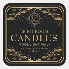 the spirit room candles moonlight walk sign is gold and black with an art deco design