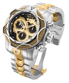 This impressive Invicta Reserve watch features a Quartz movement, all in a solid gold, steel case. Its gold, gunmetal metal dial is enclosed by a highly protective Mineral Crystal. This watch is finished by a strong silver, gold stainless steel band, and it offers 1000m water resistance.The exceptional taste and distinguished palette of the connoisseur will discover timeless pleasure within the Invicta Reserve collection. Specially developed for those in the know, Reserve is a reinvention of the Dragon Watch, Invicta Watches, Men's Watches, Watch Model, Black Accents, Stainless Steel Band, Minerals Crystals, Venom, Stainless Steel Bracelet