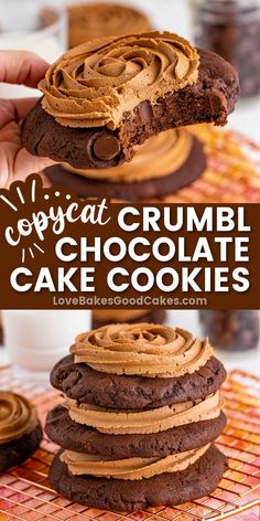 chocolate crumbl cake cookies stacked on top of each other