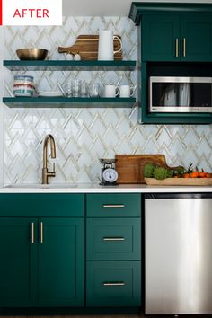 a kitchen with green cabinets and white tile backsplashing, stainless steel dishwasher