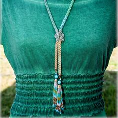 This Is A Handmade Lariat Necklace Made Of Japanese Seed Beads, With The Accent Swarovski Crystals. The Length Of The Necklace Is 38" Including Tassels Beaded Lariat Necklace, Handwoven Necklace, Accessible House, Hand Crafted Jewelry, Rope Necklace, Crafted Jewelry, Lariat Necklace, Handcrafted Jewelry, Jewelry Crafts