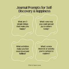 the words journal for self discovery and happiness are shown in three different languages, including what is