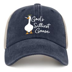 a blue and white hat with the words god's silentist goose on it