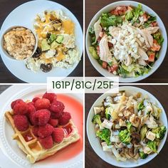 four pictures of different foods on plates with the same time to eat them, including salad and waffles