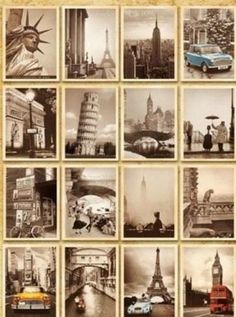 an old photo collage with many different pictures in the same square shape, including cars and buildings