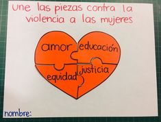 a piece of paper with words written in spanish on it and a heart shaped puzzle