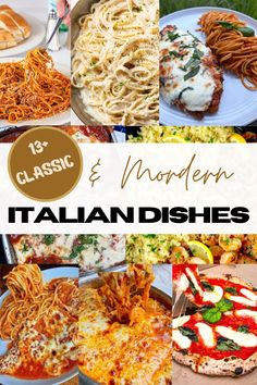 the collage shows different types of italian dishes and their names in english, spanish, and french