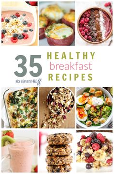 the cover of 35 healthy breakfast recipes with pictures of different fruits and vegetables in them