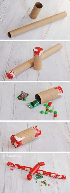 the process to make christmas crackers is shown in three different stages, including rolling them out