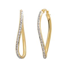 Adorned with a figure 8 design lined with Diamond Mystique stones, a dazzling combination of diamonds and crystallized diamond dust, these hoop earrings make a stunning pair.EARRING DETAILSLength: 1.5 in.Backings: click-itMetal: 18k gold over sterling silverDIAMOND MYSTIQUE DETAILSDiamond equivalent total weight: less than 1/10 ct.Shape: single cutColor grade: H-IClarity: I2Diamond equivalent carat (ct.) Total Weight (T.W.) represents the approximate total weight of diamonds of equivalent appear Gold Hoop Diamond Earrings With Accents, Glamorous Diamond Sparkling Hoop Earrings, Glamorous Diamond Hoop Earrings With Sparkling Stones, Gold Small Hoop Diamond Earrings With Accents, Gold Small Hoop Diamond Earrings With Diamond Accents, Modern Gold Earrings With Sparkling Stones, Gold Teardrop Pave Set Jewelry, Diamond White Sparkling Stones Hoop Earrings, Gold Teardrop Pave Jewelry