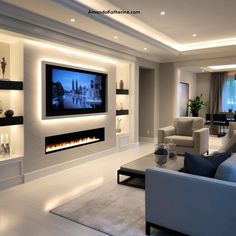 a living room with white furniture and a flat screen tv mounted on the wall above it