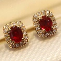 Simulated Diamond Stones Ruby Stud Earrings, Halo Diamond Earrings, Ruby Earrings Studs, Wedding Studs, Daily Wear Jewellery, Versatile Jewelry, Halo Earrings, Hot Jewelry, Red Diamond