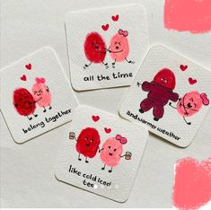 four coasters with cartoon animals on them and the words all the time written in red