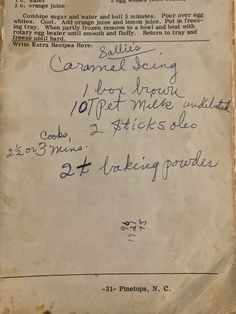 an old recipe book with writing on it