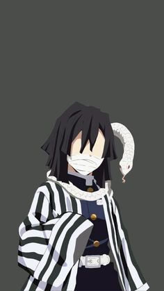 an anime character with black hair wearing a white mask and striped coat, standing in front of