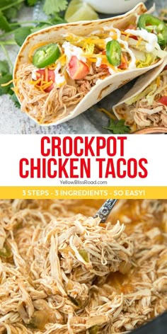 crockpot chicken tacos in a skillet with the title above it