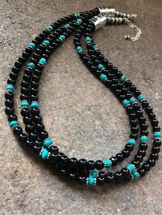 Sterling Silver Multi Strand Black Onyx with Turquoise Bead | Etsy Big Necklaces, Mens Necklaces, Homemade Necklaces, Sundance Jewelry, Beaded Jewelry Necklaces, Sterling Silver Bead Bracelet, Necklace Ideas, Turquoise Bead Necklaces, Silver Bead Bracelet