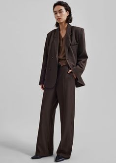 Color: Brown Midweight woven fabric Regular fit  Wide leg High waist Side seam pockets Back illusion welt pocket Belt loops Zip fly Hook and bar closure Unlined 97% Polyester 3% Elastane Dry Clean By The Frankie Shop. Imported Brown Woman Suit, Brown Suit Outfits For Women, Brown Suit Women's, Pinstripe Suit Women, Suit And Heels, City Clothes, Wedding Fits, Brown Pinstripe, Denim Suit