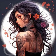 a woman with tattoos on her arm and shoulder is standing in front of a full moon