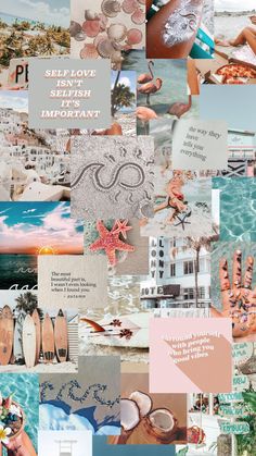 a collage of images with words and pictures on them, including palm trees, beach chairs