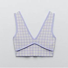 Nwt Zara Gingham Knit Top Purple + White Checkered Design New W/ Tags Size Small White Fitted Top For Picnic, Fitted White Houndstooth Top, Zara Plaid Cotton Tops, Zara Gingham Tops For Summer, Zara Plaid Tops For Spring, Fitted Plaid Zara Tops, Zara Gingham Casual Tops, Casual Gingham Zara Tops, Fitted Gingham V-neck Top