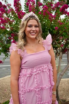 Introducing our Tinlee Flutter Ruffle Babydoll Midi Dress in pretty mauve pink. With flutter sleeves and tiered ruffle detail, this dress will make you feel like a flirty, fun and fab queen everywhere you go. Say yes to pink! Bradlee is wearing a size medium. Pink Dress With Ruffles And Flutter Sleeves, Pink Ruffle Dress With Flutter Sleeves, Pink Feminine Ruffle Sleeve Dress, Pink Flutter Sleeve Playtime Dress, Feminine Pink V-neck Ruffle Dress, Mauve Dress, Floral Outfit, Summer Staples, Midi Maxi Dress