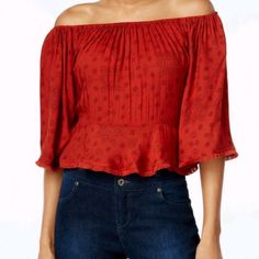 This Top Is A Rusty Red. Size Xl. Easy Breezy Lightweight Fabric Is Not Clingy And Is 100% Rayon. Neckline Is Elastic So It Can Be Worn Off The Shoulder Or Not. Sleeves Are Open And Belled. The Hem Has A Fringed Edge Trim. It's Actually A Trim So No Worry About The Fabric Fraying.Color Is More Vibrant Than What Shows In "Actual Item" Pics. Red Rayon Tops For Fall, Crochet Long Sleeve Tops, Black Floral Top, Sheer Shorts, Orange Blouse, Star Sweater, Cozy Pullover, Flowy Top, Easy Breezy