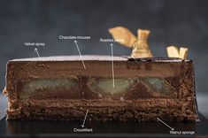 the chocolate dessert has many different parts labeled in its crusts and features on it