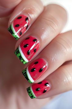 Dive into the essence of summer with these glossy watermelon-inspired nails. Perfect for your summer nail designs 2024 collection, the sparkling red base with black seeds and a touch of green brings beachy nails to a whole new level. Visit nailhow.com for more refreshing simple summer nails inspiration! 2023 Nails Ideas, Nail Designs Trends, Watermelon Costume, Watermelon Nail Designs, Watermelon Nail, Watermelon Nail Art, Summer Nails Ideas, Fruit Nail, Birthday Nail Designs