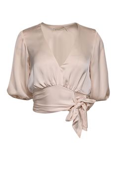 Current Boutique-Ramy Brook - Cream Satin Puff Sleeve Blouse Sz XXS Cream Fitted Satin Top, Fitted Cream Satin Top, Chic Fitted Satin Top, Chic Satin V-neck Tops, Cream Silk Party Tops, Glamorous Silk Top For Formal Occasions, Formal Satin V-neck Top, Chic Cream Tops For Night Out, Chic Cream Top For Night Out