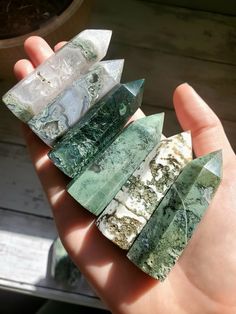 High quality moss agate towers in a variety of shades and styles Each point stands around 2.5 inches tall You pick! Crystal Ceramics, Moss Agate Aesthetic, Crystal Tower, Crystal Room Decor, Fairy Grunge Aesthetic, Agate Art, Geode Rocks, Agate Rocks, Crystal Healing Chart