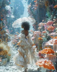 a woman with an umbrella walks through a sea of flowers and jellyfish in the ocean