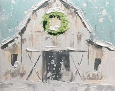 a painting of a barn with a wreath on it